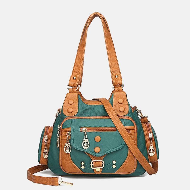 Kobiety Pu Leather Duża Pojemność Multi-Pocket Nit Dekoracja Retro Soft Torebki Torebki Crossbody