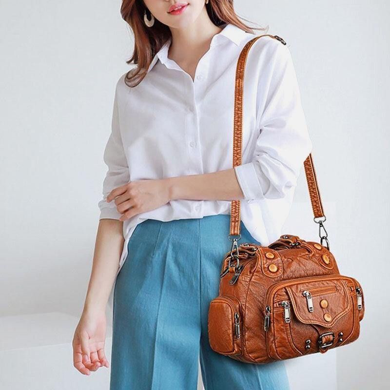 Kobiety Pu Leather Duża Pojemność Multi-Pocket Nit Dekoracja Retro Soft Torebki Torebki Crossbody