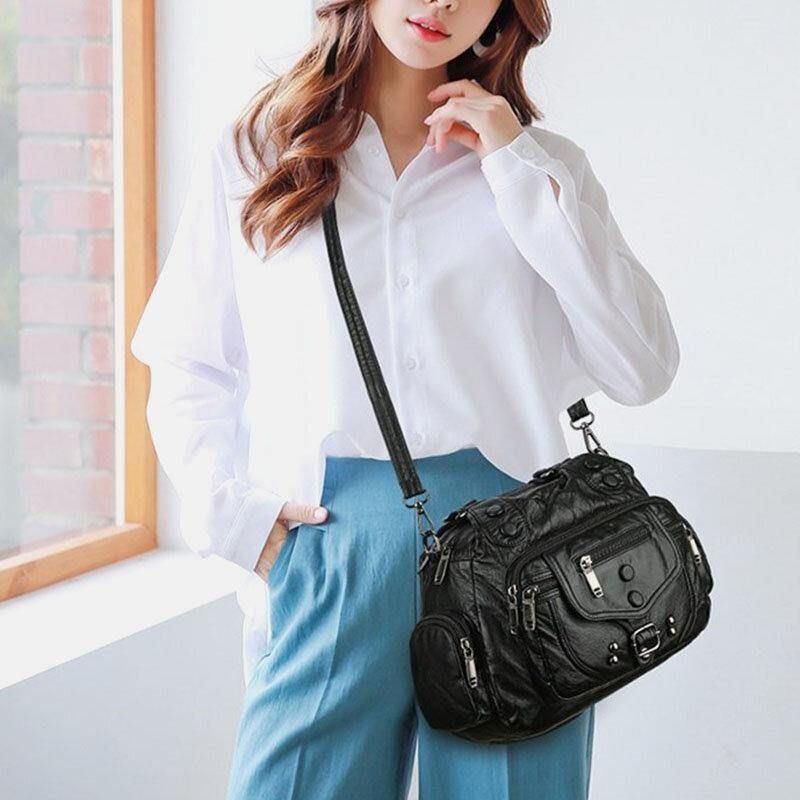 Kobiety Pu Leather Duża Pojemność Multi-Pocket Nit Dekoracja Retro Soft Torebki Torebki Crossbody