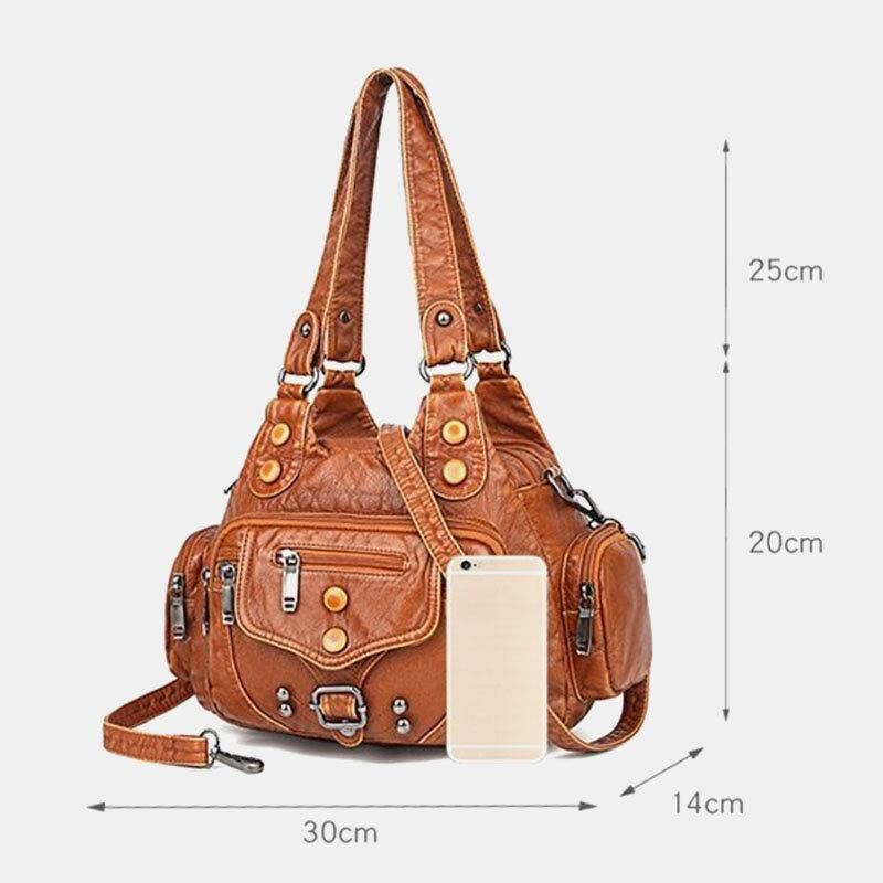 Kobiety Pu Leather Duża Pojemność Multi-Pocket Nit Dekoracja Retro Soft Torebki Torebki Crossbody