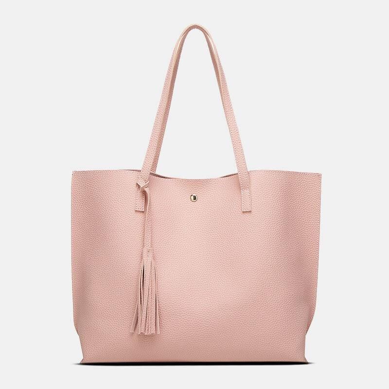 Kobiety Pu Leather Lychee Pattern Duża Pojemność Codzienne Tassel Solidna Torebka Na Ramię Torebka