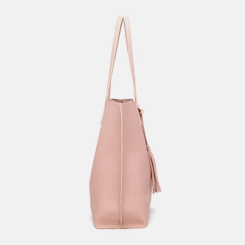 Kobiety Pu Leather Lychee Pattern Duża Pojemność Codzienne Tassel Solidna Torebka Na Ramię Torebka