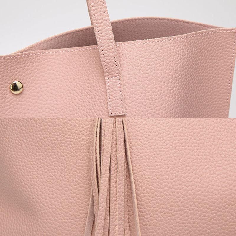 Kobiety Pu Leather Lychee Pattern Duża Pojemność Codzienne Tassel Solidna Torebka Na Ramię Torebka