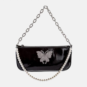 Kobiety Pu Leather Pearls Rhinestone Chain Butterfly Pattern Small Square Bag Torebka Torba Na Ramię