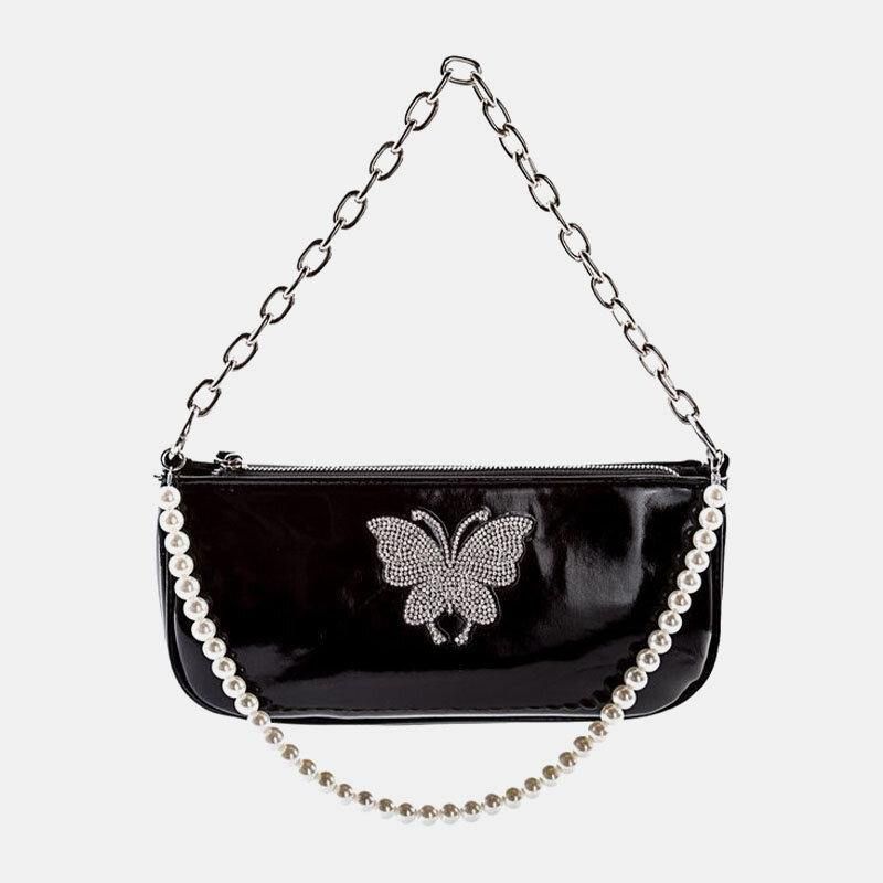 Kobiety Pu Leather Pearls Rhinestone Chain Butterfly Pattern Small Square Bag Torebka Torba Na Ramię