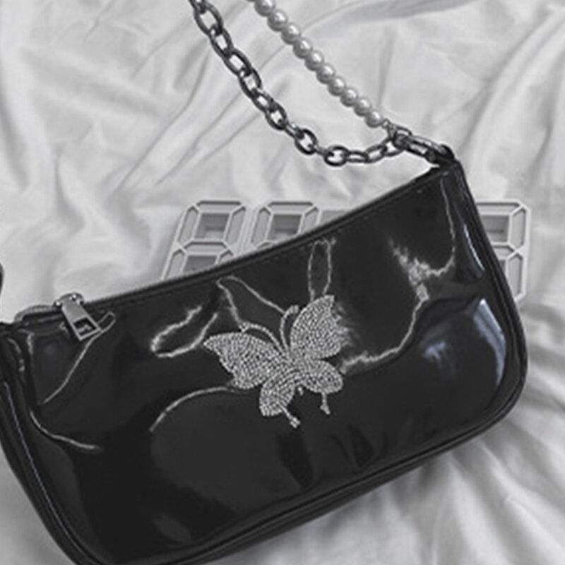 Kobiety Pu Leather Pearls Rhinestone Chain Butterfly Pattern Small Square Bag Torebka Torba Na Ramię