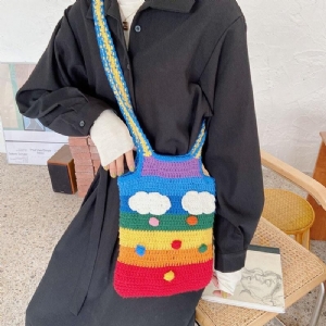 Kobiety Rainbow Stripe Cartoon Cute Codzienne Youth Wełniana Torba Z Dzianiny Torebka Tote Crossbody Bag