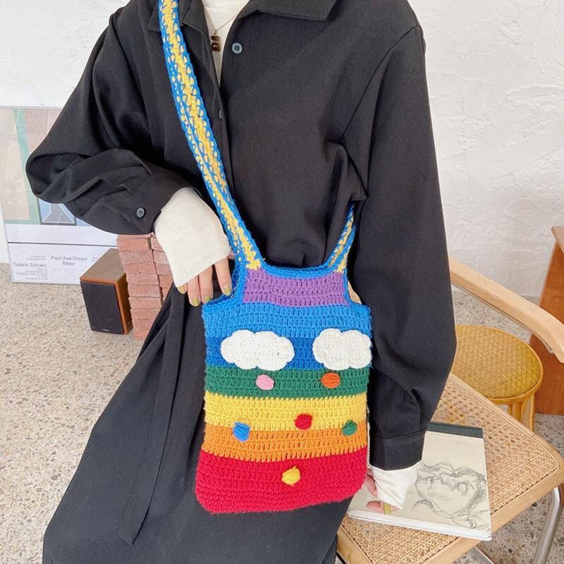 Kobiety Rainbow Stripe Cartoon Cute Codzienne Youth Wełniana Torba Z Dzianiny Torebka Tote Crossbody Bag