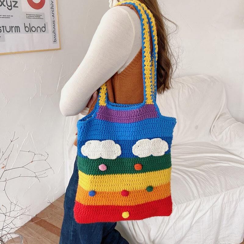 Kobiety Rainbow Stripe Cartoon Cute Codzienne Youth Wełniana Torba Z Dzianiny Torebka Tote Crossbody Bag