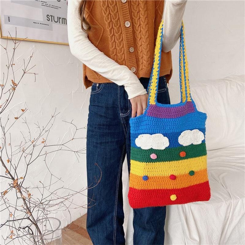 Kobiety Rainbow Stripe Cartoon Cute Codzienne Youth Wełniana Torba Z Dzianiny Torebka Tote Crossbody Bag