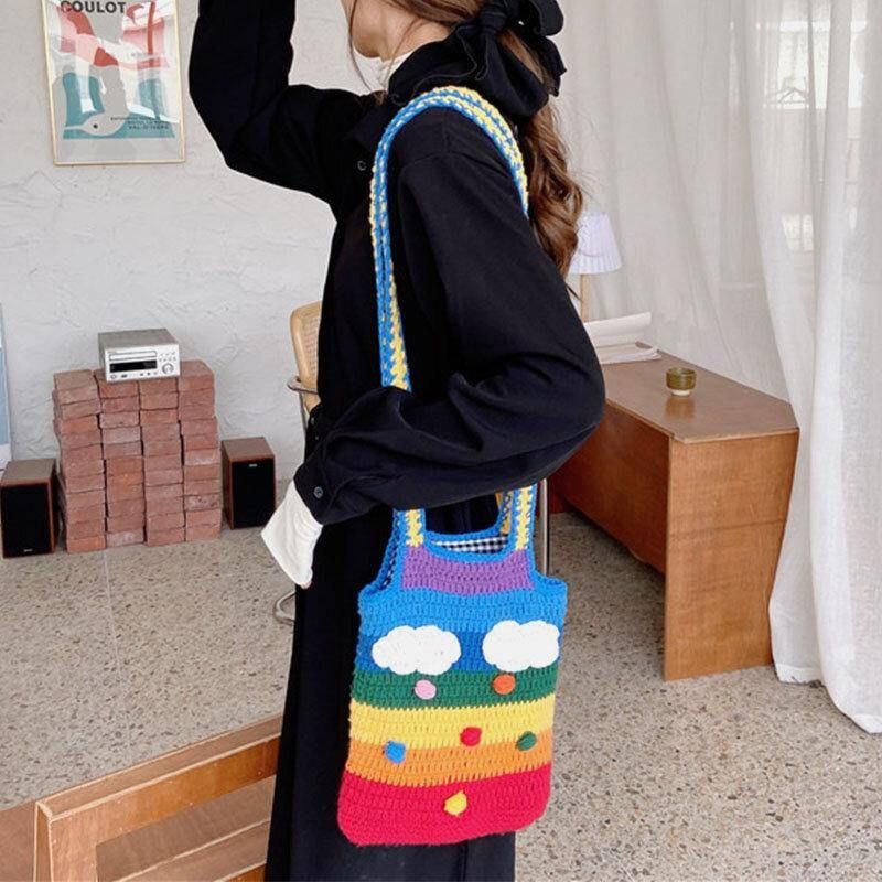 Kobiety Rainbow Stripe Cartoon Cute Codzienne Youth Wełniana Torba Z Dzianiny Torebka Tote Crossbody Bag