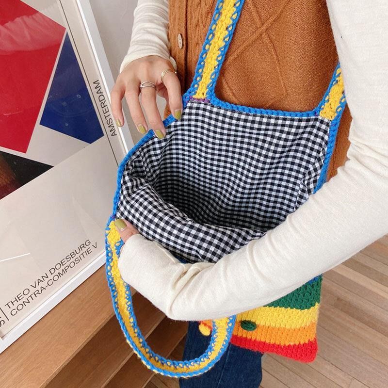 Kobiety Rainbow Stripe Cartoon Cute Codzienne Youth Wełniana Torba Z Dzianiny Torebka Tote Crossbody Bag