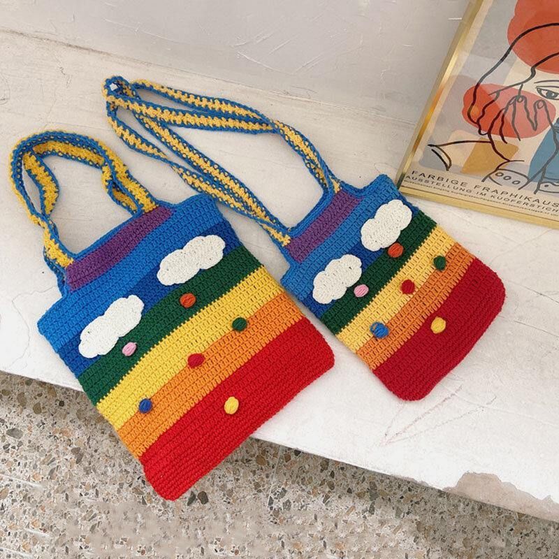 Kobiety Rainbow Stripe Cartoon Cute Codzienne Youth Wełniana Torba Z Dzianiny Torebka Tote Crossbody Bag