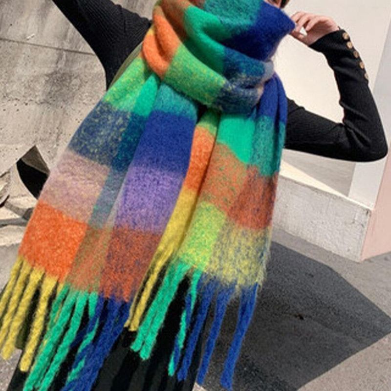 Kobiety Cashmere Podwójnego Zastosowania Rainbow Mieszane Kolorowe Paski Zagęścić Ciepły Szal Z Długim Frędzlem I Długim Frędzlem