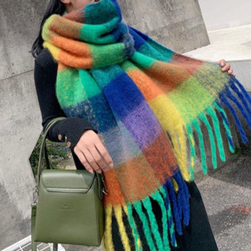 Kobiety Cashmere Podwójnego Zastosowania Rainbow Mieszane Kolorowe Paski Zagęścić Ciepły Szal Z Długim Frędzlem I Długim Frędzlem