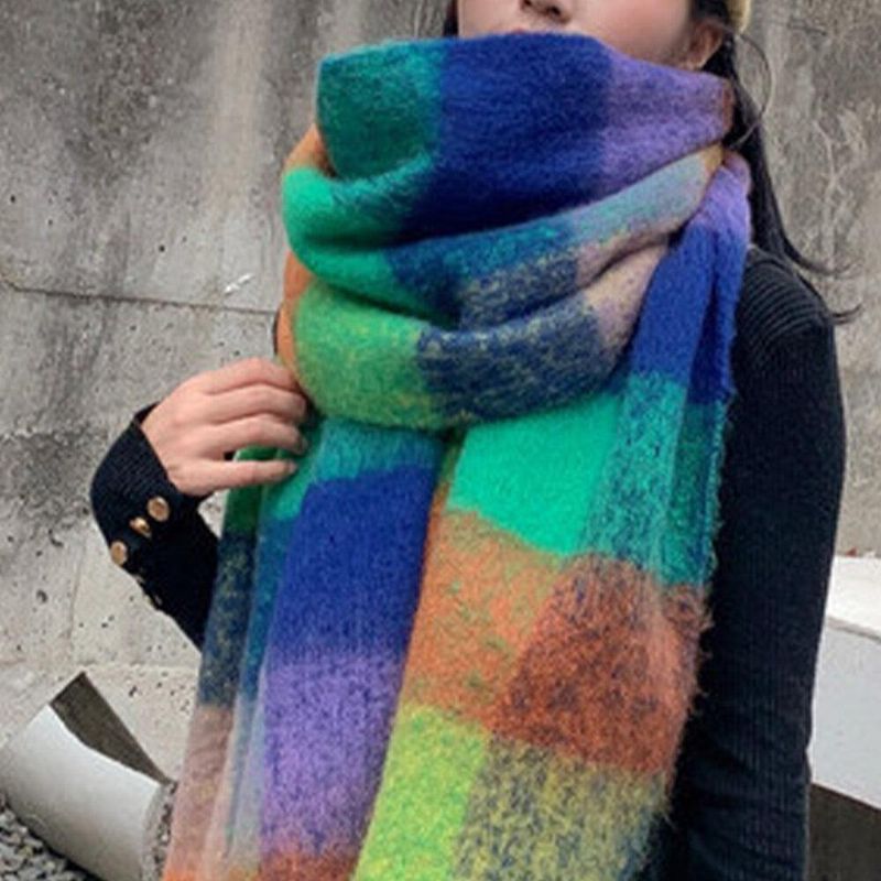 Kobiety Cashmere Podwójnego Zastosowania Rainbow Mieszane Kolorowe Paski Zagęścić Ciepły Szal Z Długim Frędzlem I Długim Frędzlem