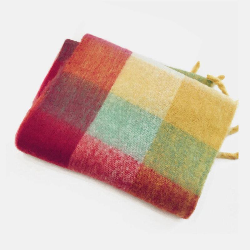 Kobiety Faux Cashmere Rainbow Patchwork Kolor Gruby Ciepły Wzór W Kratę Tassel Szalik