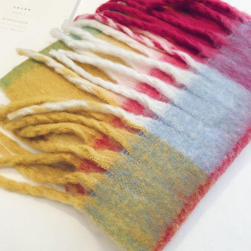 Kobiety Faux Cashmere Rainbow Patchwork Kolor Gruby Ciepły Wzór W Kratę Tassel Szalik