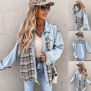 Denim Stitching Plaid Coat Loose Tops Damskie