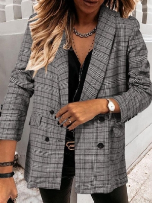 Kobiety Plaid Double Breasted Lapel Codzienne Cienkie Blazers Z Długim Rękawem