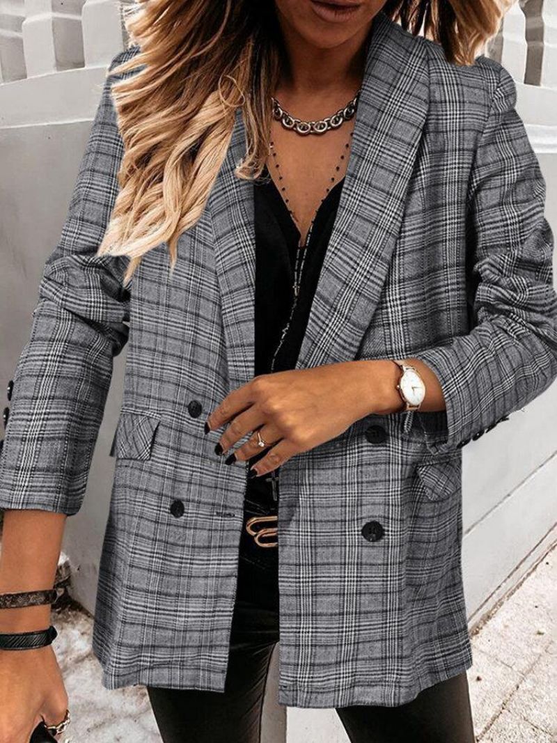 Kobiety Plaid Double Breasted Lapel Codzienne Cienkie Blazers Z Długim Rękawem