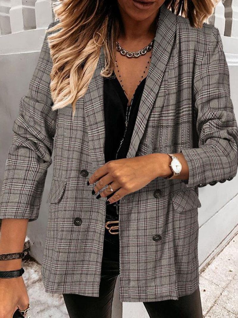 Kobiety Plaid Double Breasted Lapel Codzienne Cienkie Blazers Z Długim Rękawem