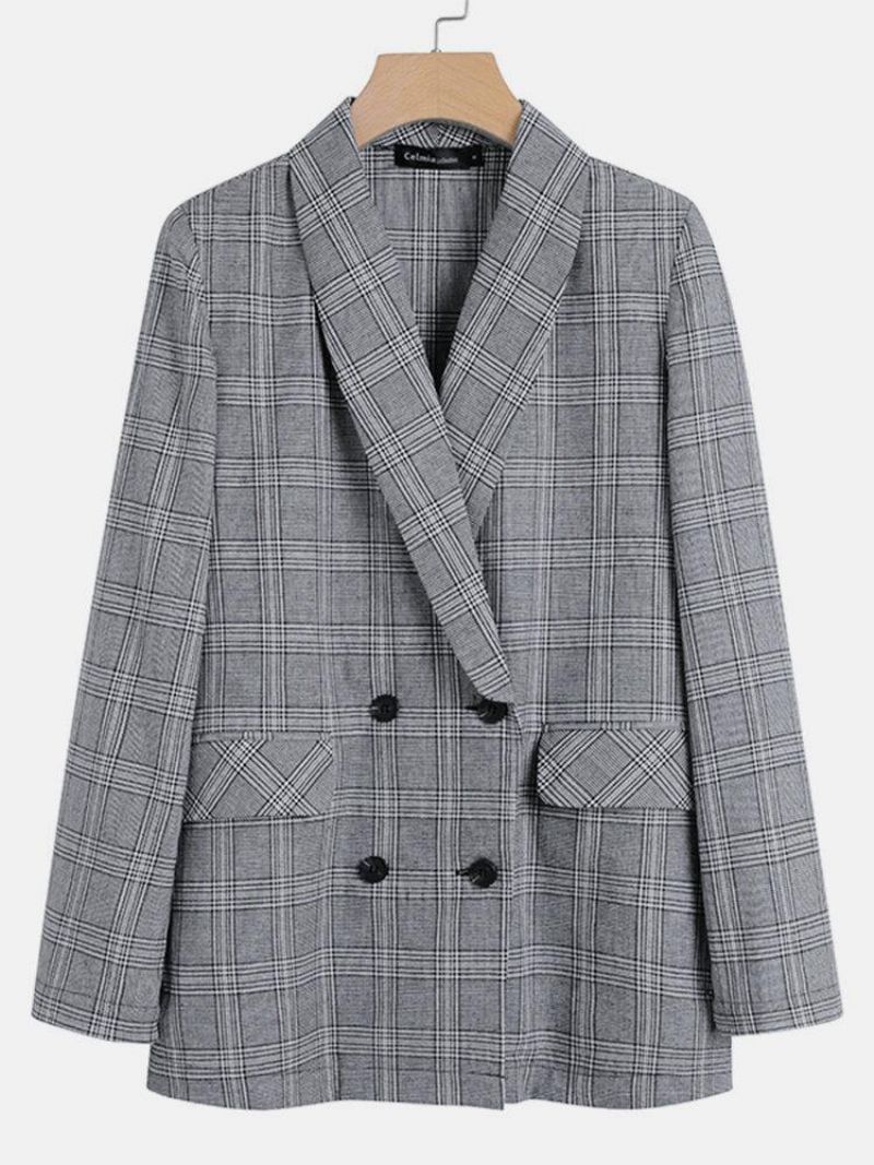 Kobiety Plaid Double Breasted Lapel Codzienne Cienkie Blazers Z Długim Rękawem