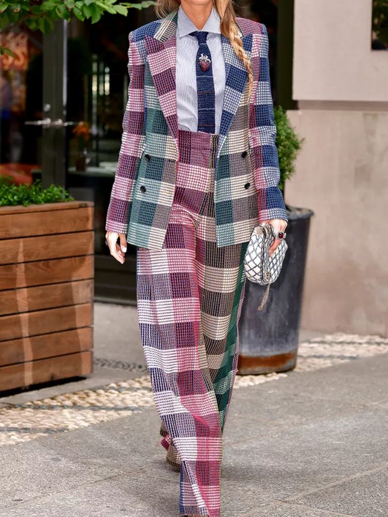 Urban Luźny Kołnierzyk Z Klapami Długi Rękaw Plaid Blazer