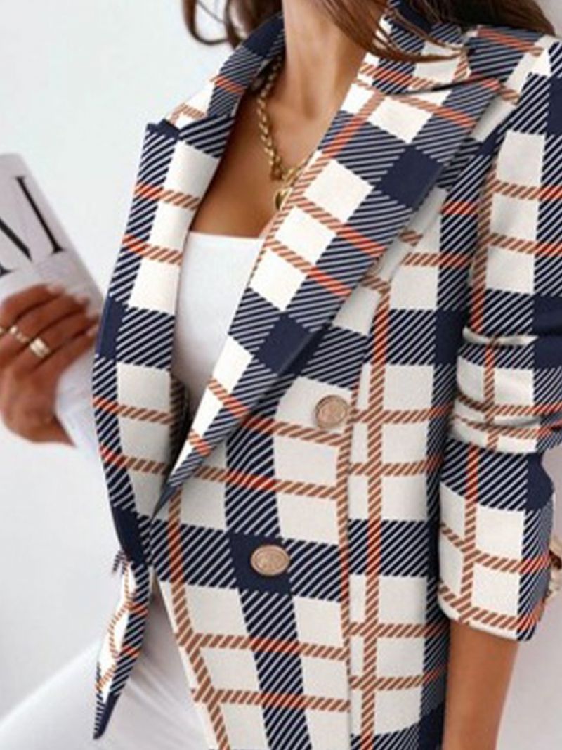 Work Plaid Lapel Collar Long Sleeve Double Breasted Blazer