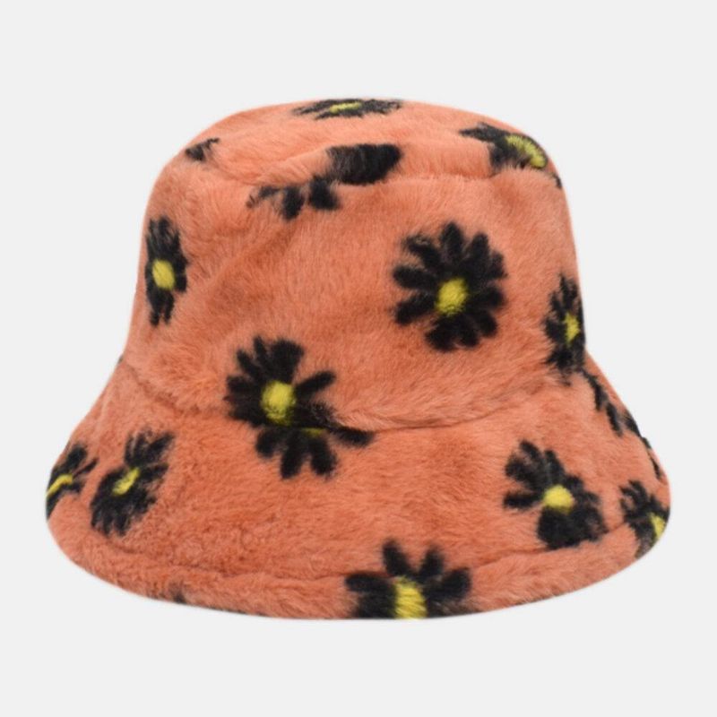 Kobiety Lamb Hair Soft Warm Plus Zagęścić Codzienne All-Match Śliczny Daisy Flower Pattern Bucket Hat