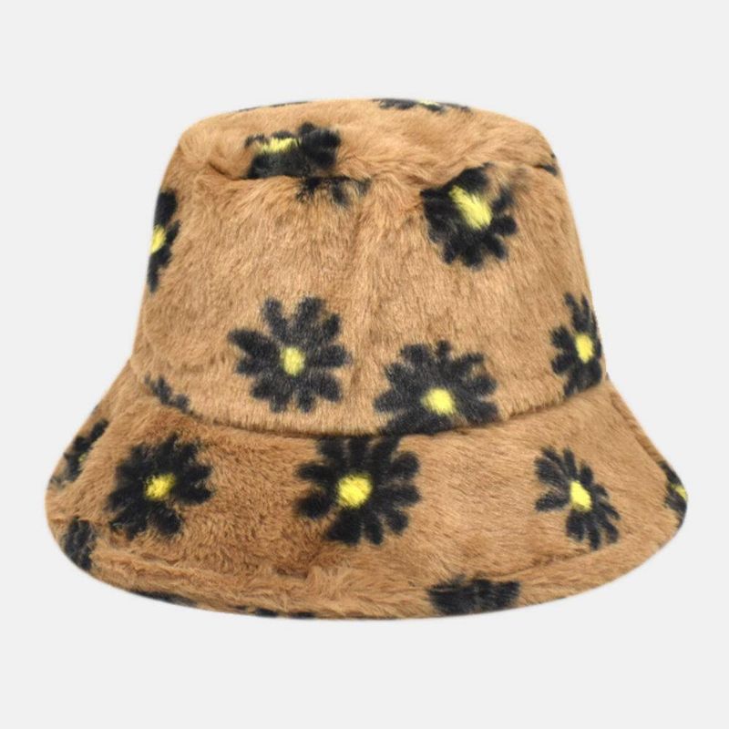 Kobiety Lamb Hair Soft Warm Plus Zagęścić Codzienne All-Match Śliczny Daisy Flower Pattern Bucket Hat