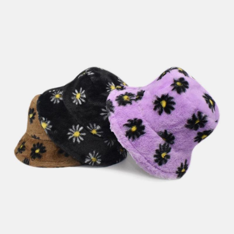 Kobiety Lamb Hair Soft Warm Plus Zagęścić Codzienne All-Match Śliczny Daisy Flower Pattern Bucket Hat