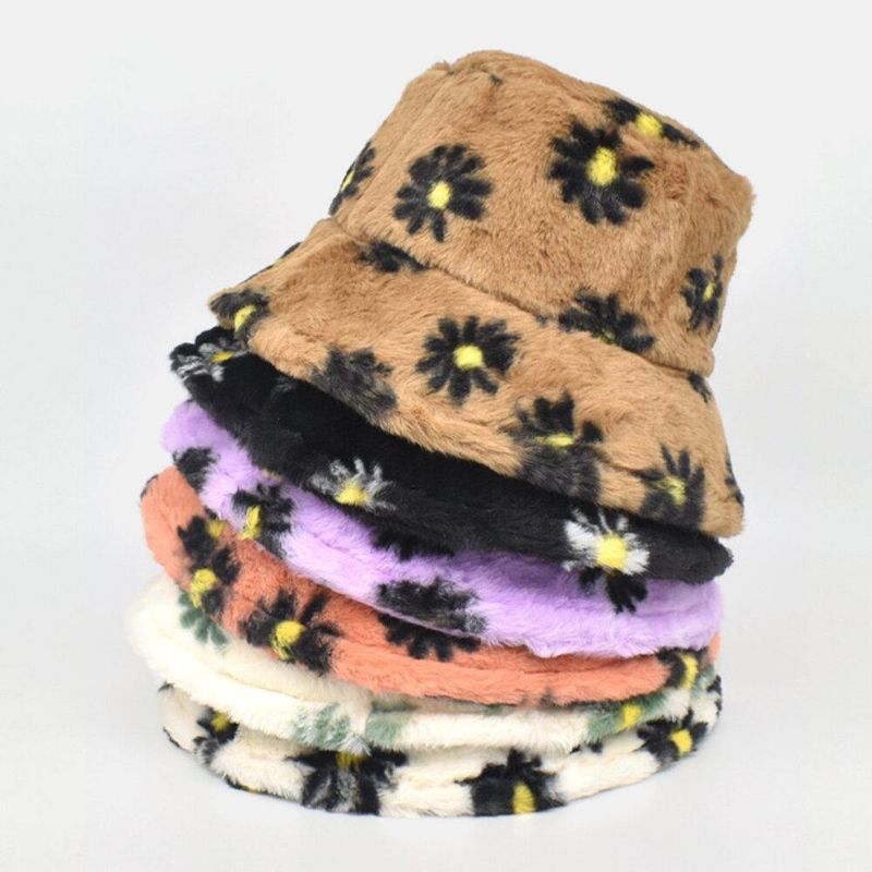 Kobiety Lamb Hair Soft Warm Plus Zagęścić Codzienne All-Match Śliczny Daisy Flower Pattern Bucket Hat