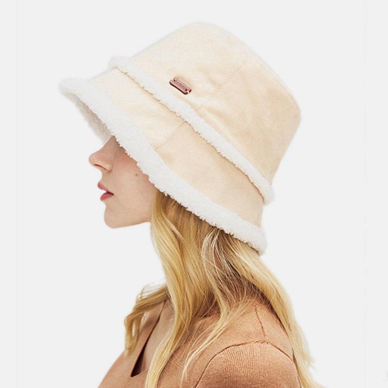 Kobiety Suede Lamb Hair Codzienne Moda Elegancki Keep Warm Outdoor Bucket Hat