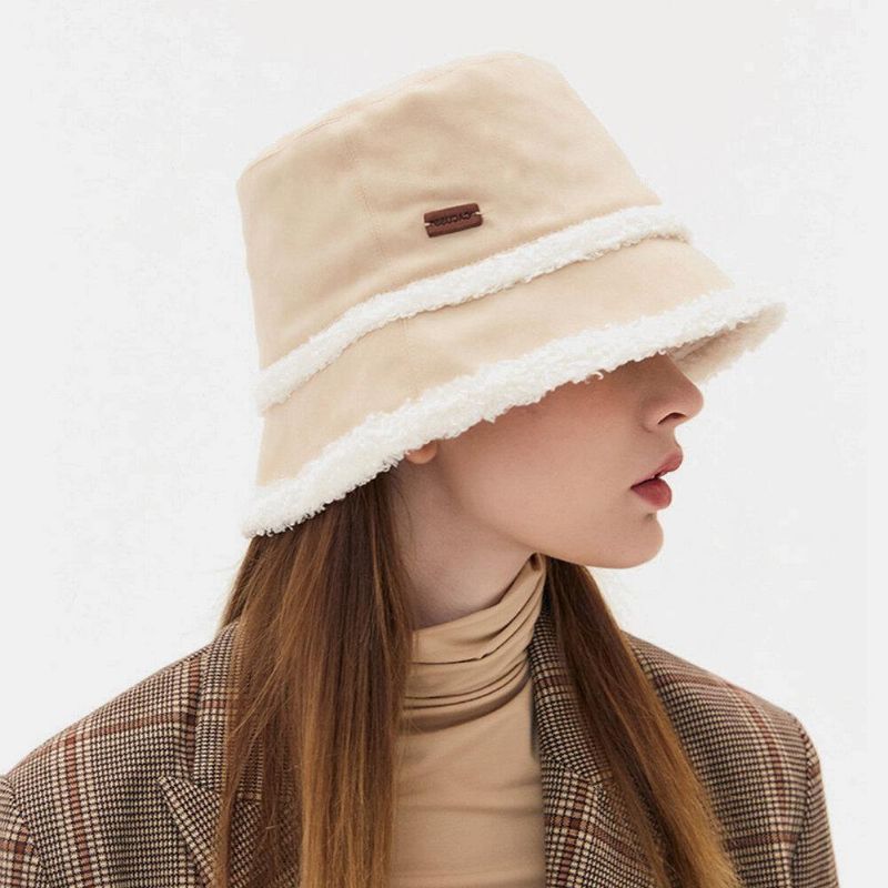 Kobiety Suede Lamb Hair Codzienne Moda Elegancki Keep Warm Outdoor Bucket Hat