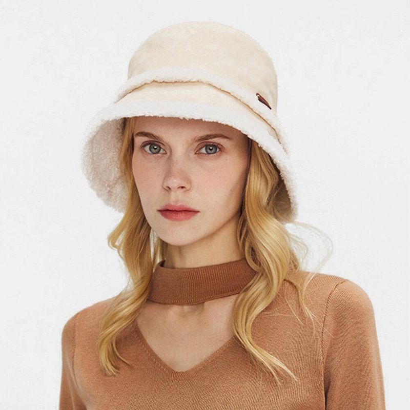 Kobiety Suede Lamb Hair Codzienne Moda Elegancki Keep Warm Outdoor Bucket Hat