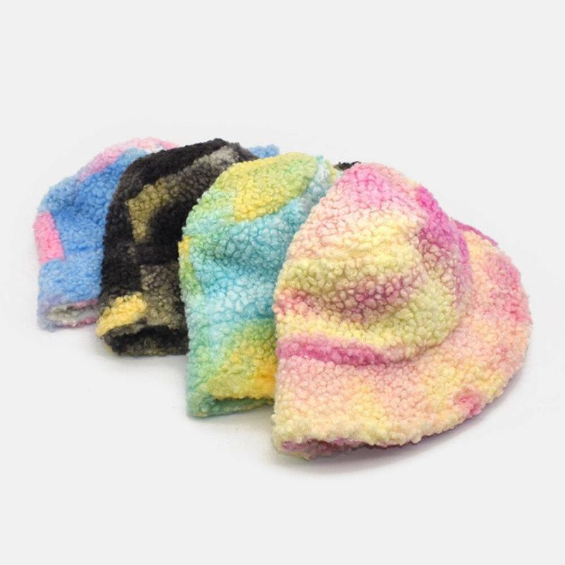 Kobiety Tie-Dye Mix Color Lamb Hair Ciepłe Codzienne Śliczny Kapelusz Typu Bucket