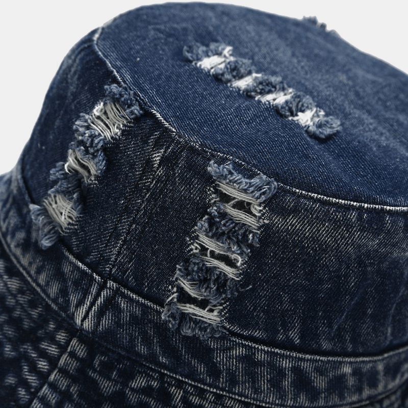 Unisex Denim Broken Holes Made-Old Moda Outdoor Sunshade Bucket Hat