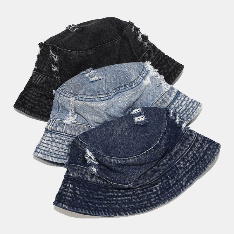 Unisex Denim Broken Holes Made-Old Moda Outdoor Sunshade Bucket Hat