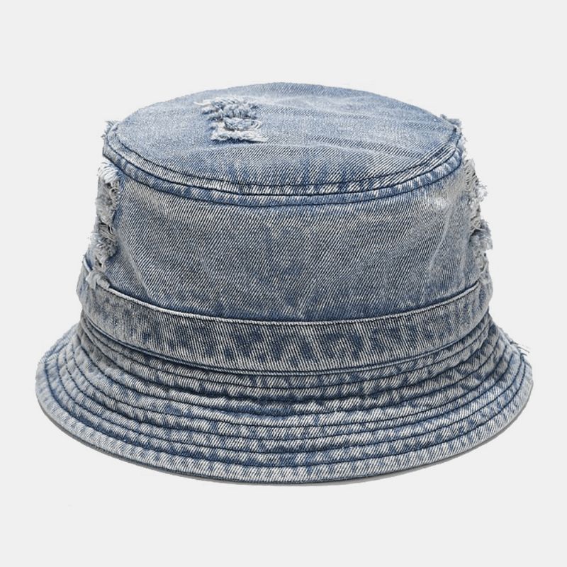 Unisex Denim Broken Holes Made-Old Moda Outdoor Sunshade Bucket Hat