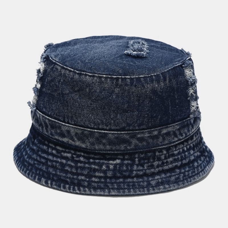 Unisex Denim Broken Holes Made-Old Moda Outdoor Sunshade Bucket Hat