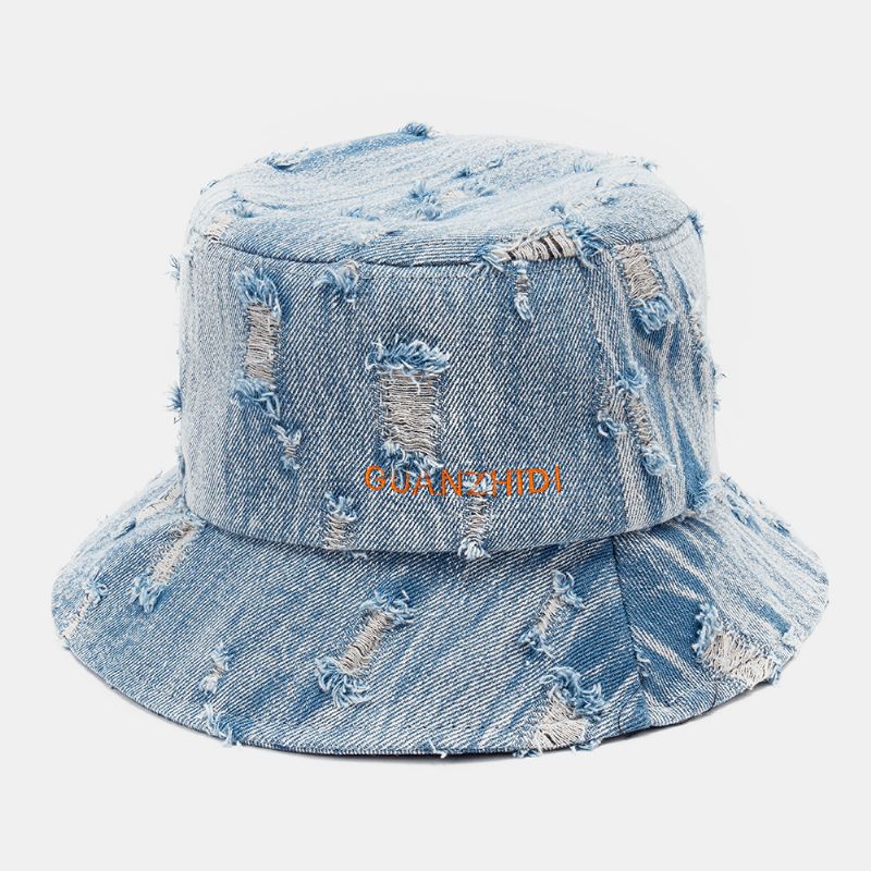 Unisex Denim Letter Pattern Haft Uszkodzony Stary Modny Kapelusz Typu Bucket