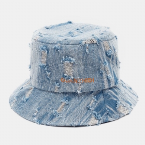 Unisex Denim Letter Pattern Haft Uszkodzony Stary Modny Kapelusz Typu Bucket