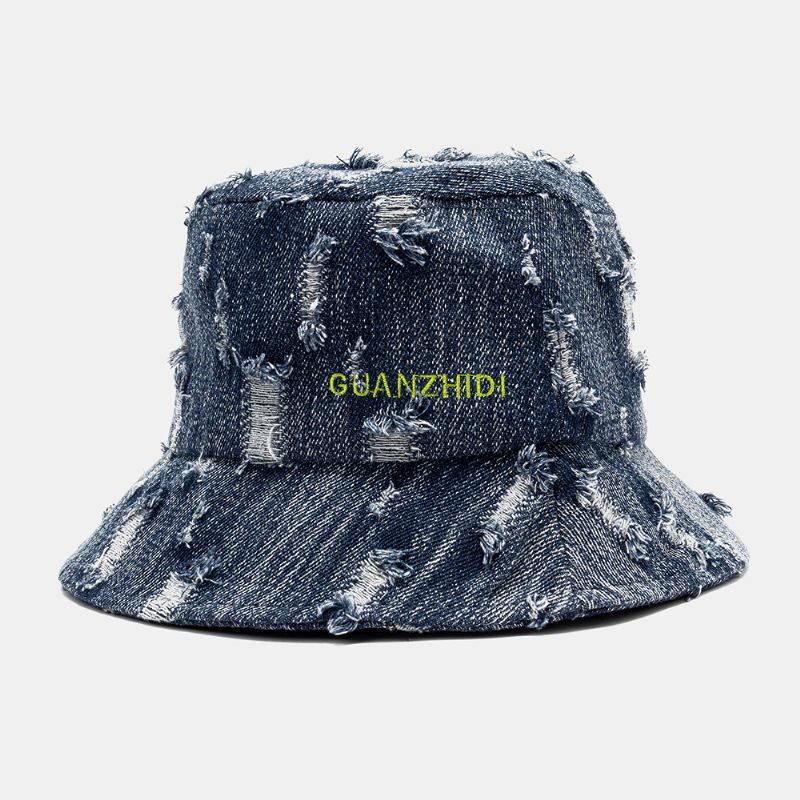 Unisex Denim Letter Pattern Haft Uszkodzony Stary Modny Kapelusz Typu Bucket