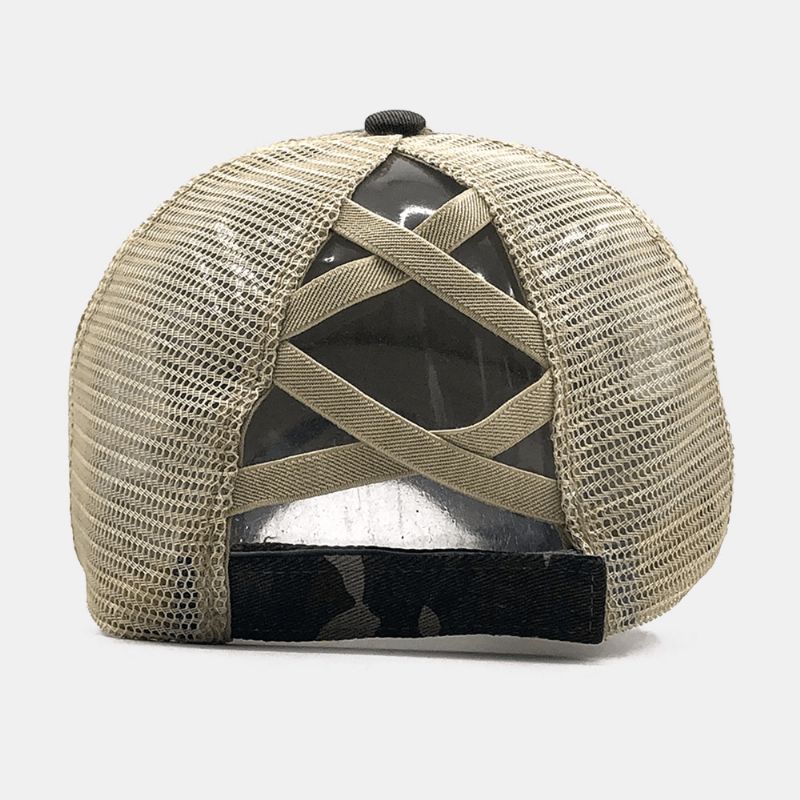 Unisex Kamuflaż Stretch Fit Czapka Mesh Oddychająca Czapka Trucker Cross Ponytail Czapka Z Daszkiem