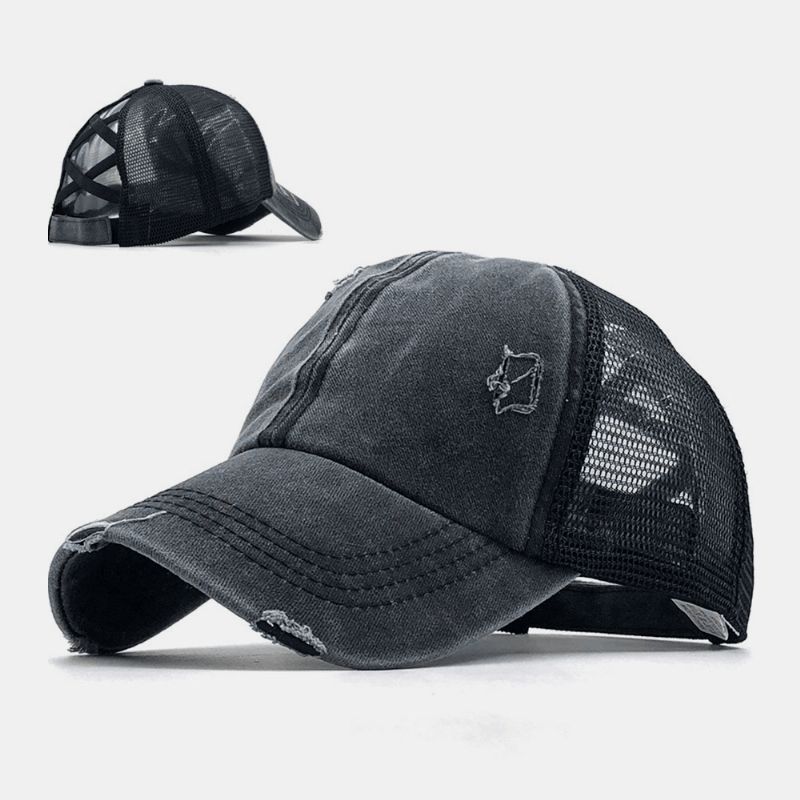 Unisex Kamuflaż Stretch Fit Czapka Mesh Oddychająca Czapka Trucker Cross Ponytail Czapka Z Daszkiem