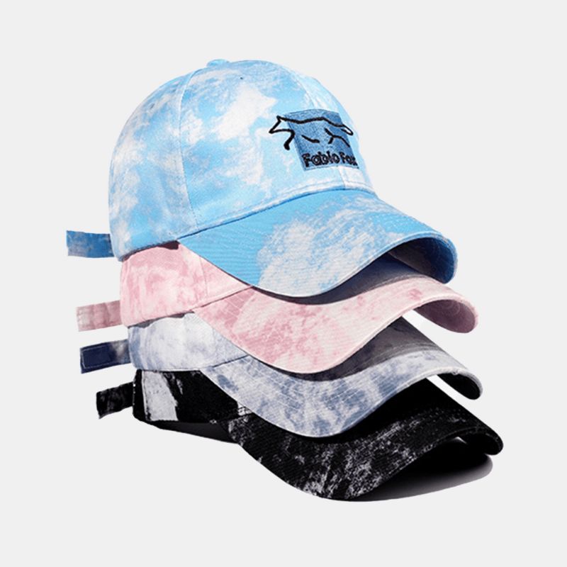 Unisex Tie-Dye Ivy Cap Little Fox Wzór Haftu Outdoor Sunshade Zrelaksowana Regulowana Czapka Czapki Z Daszkiem