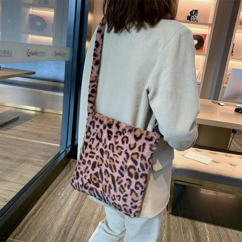 Damska Filcowa Miękka Leopard Wzór Śliczna Codzienna Torba Na Ramię Z Osobowością Crossbody