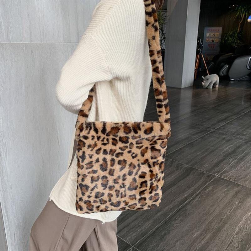 Damska Filcowa Miękka Leopard Wzór Śliczna Codzienna Torba Na Ramię Z Osobowością Crossbody