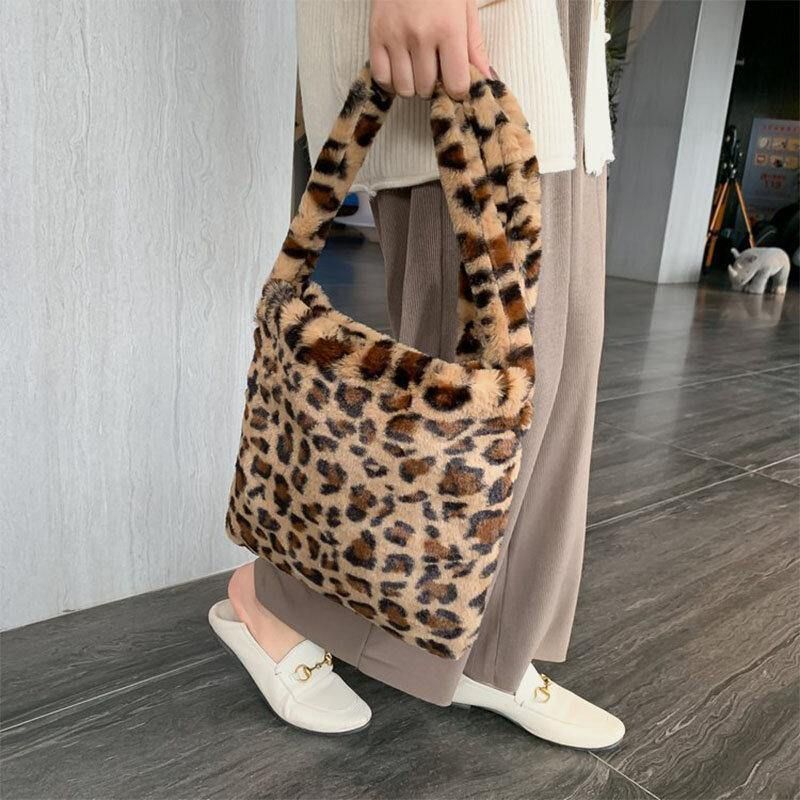 Damska Filcowa Miękka Leopard Wzór Śliczna Codzienna Torba Na Ramię Z Osobowością Crossbody